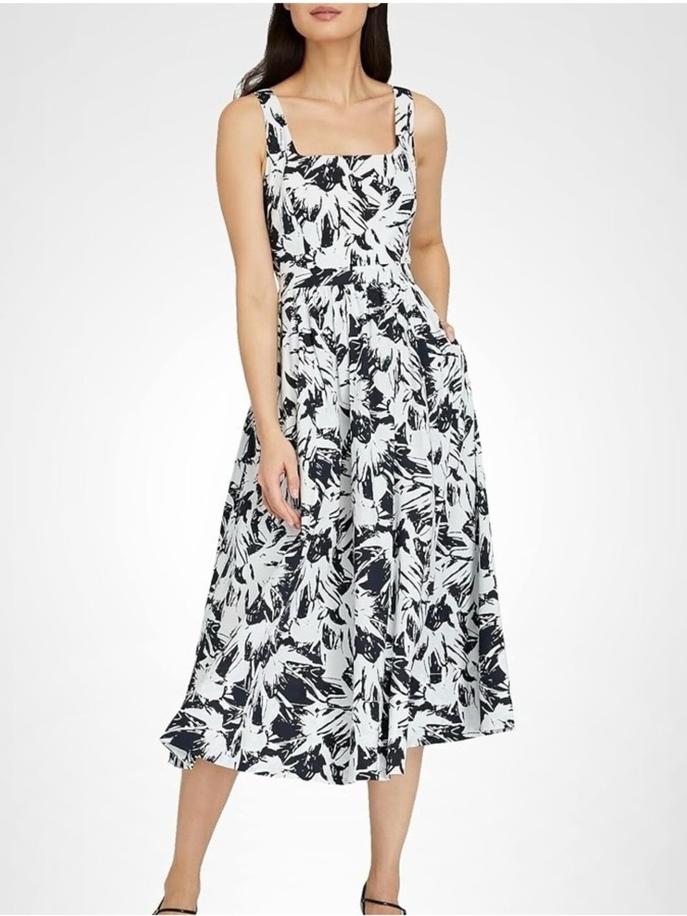 Club Monaco square neck midi dress black white tropical dress resort wear